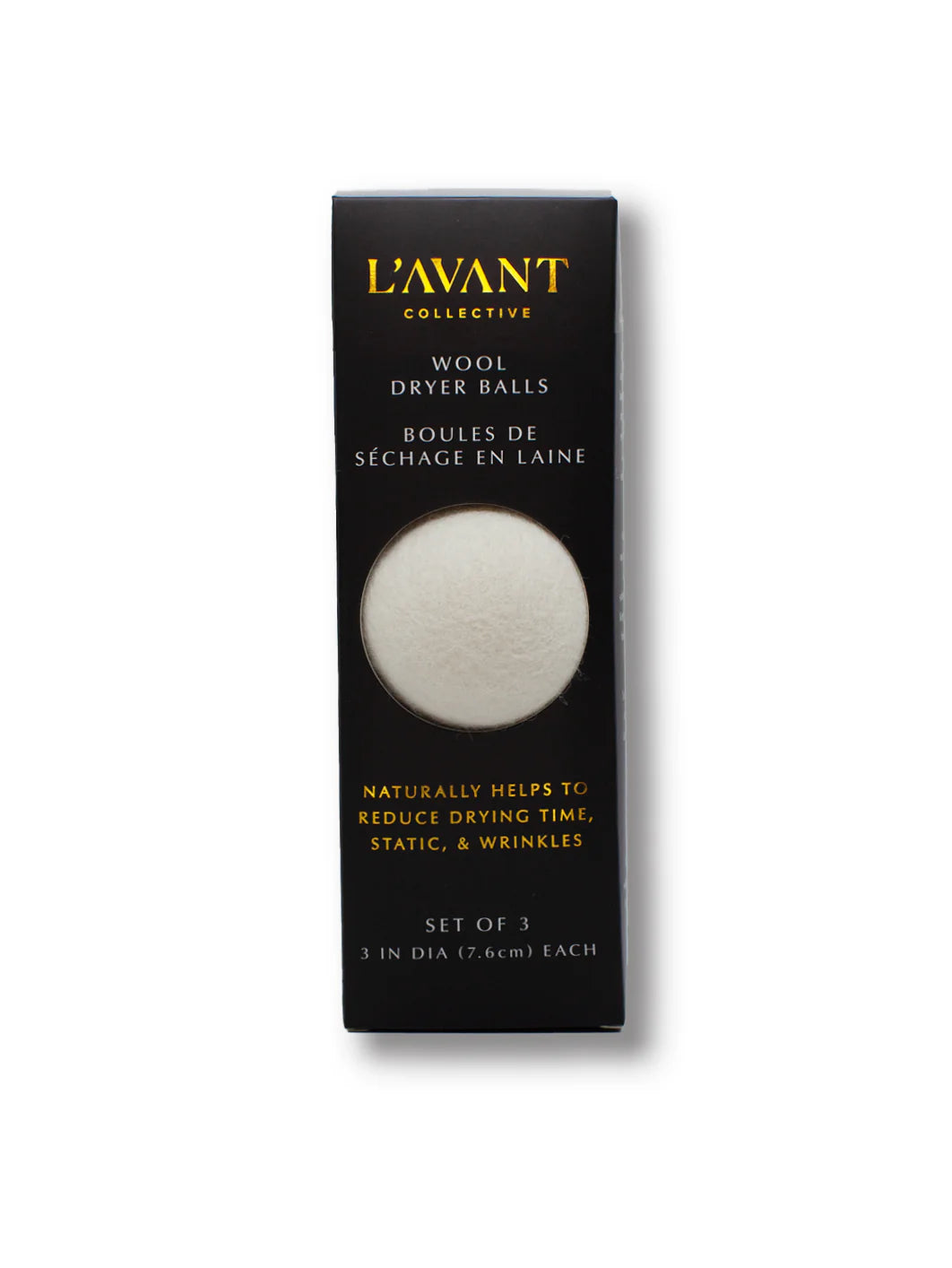 Three L'AVANT wool dryer balls made from New Zealand wool for eco-friendly, reusable laundry care.