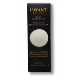 Three L'AVANT wool dryer balls made from New Zealand wool for eco-friendly, reusable laundry care.