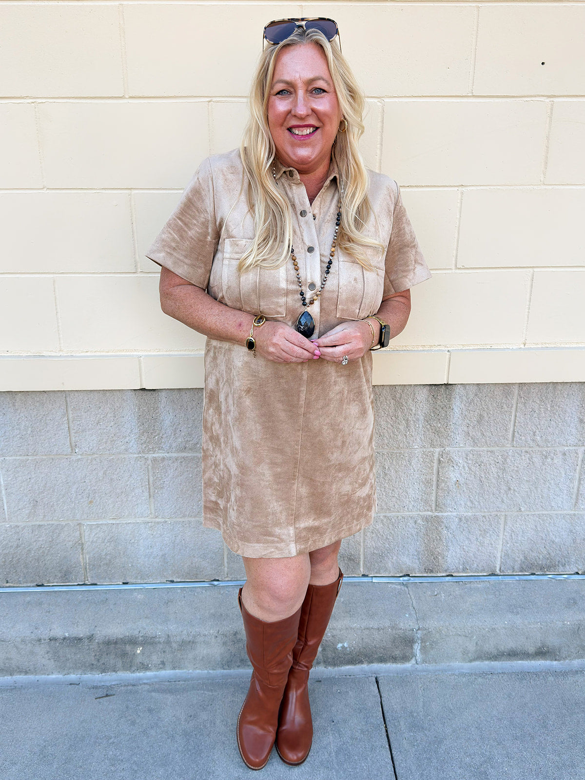  Z Supply Leone Suede Mini Dress in Light Sand with collared neckline and chest pockets