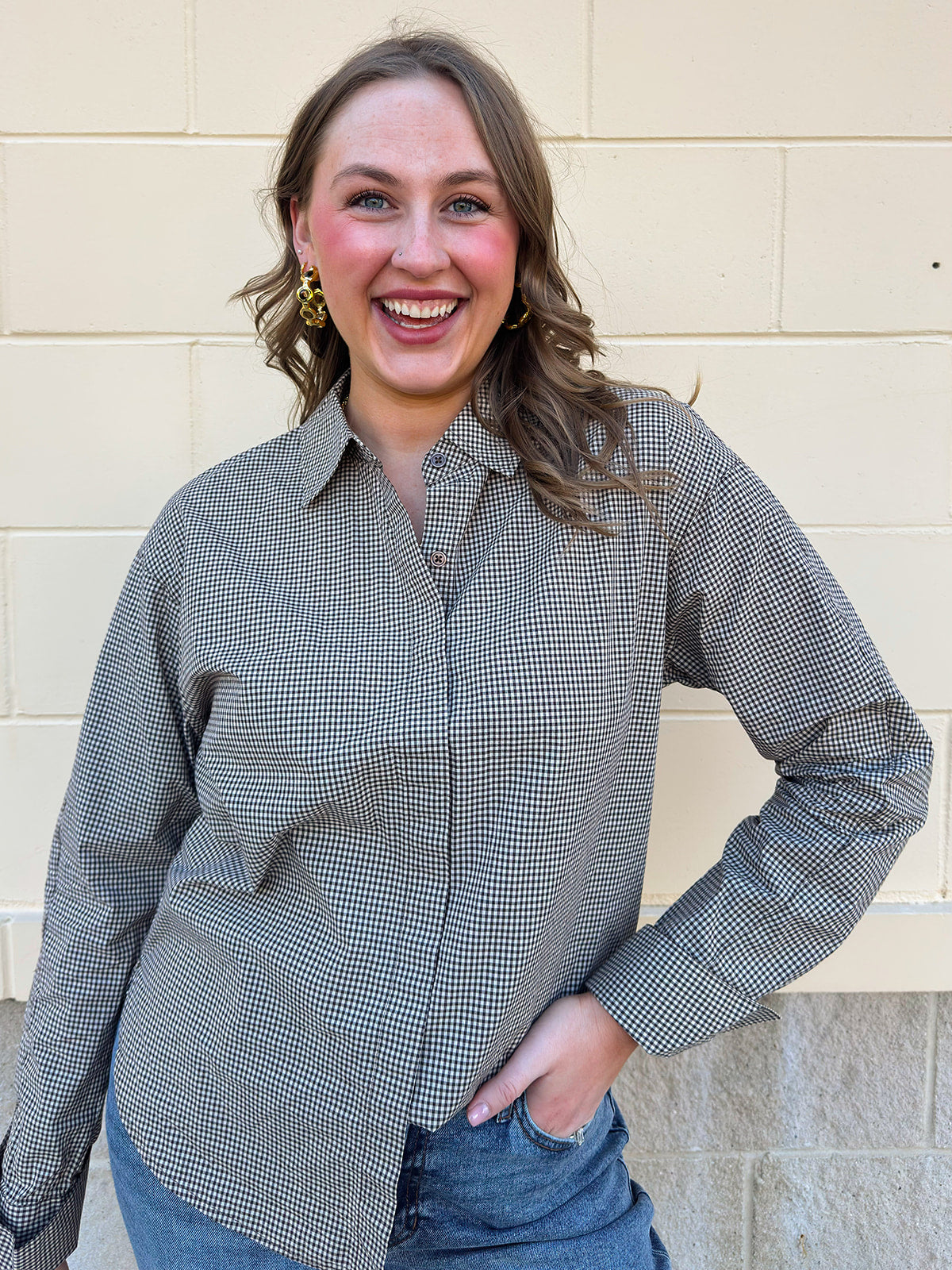 [Z Supply] On Duty Gingham Button Up Top in Dark Chocolate