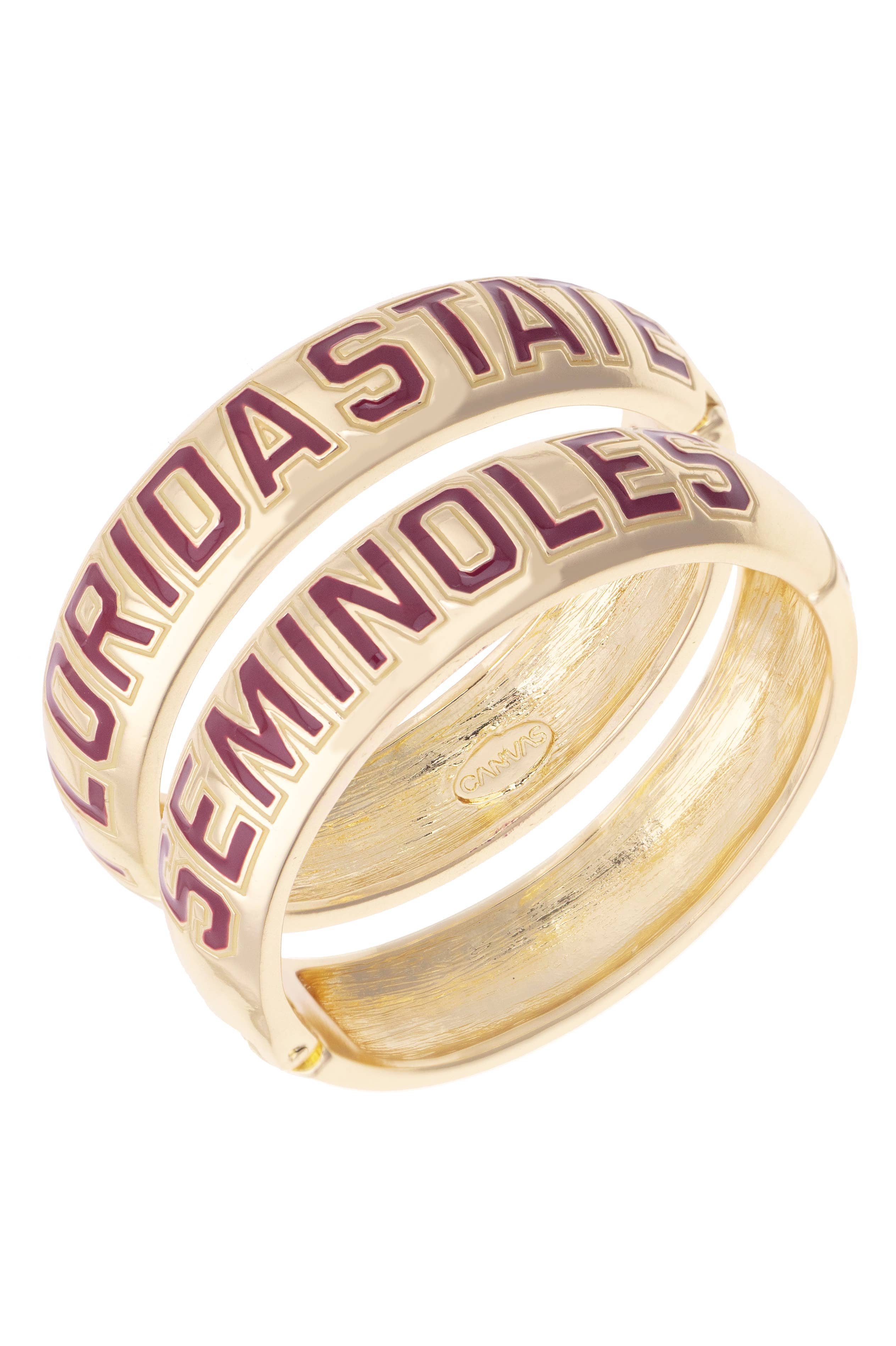 Florida State Seminoles polished gold hinge bangle featuring embroidered Florida State Seminoles lettering around the bracelet.
