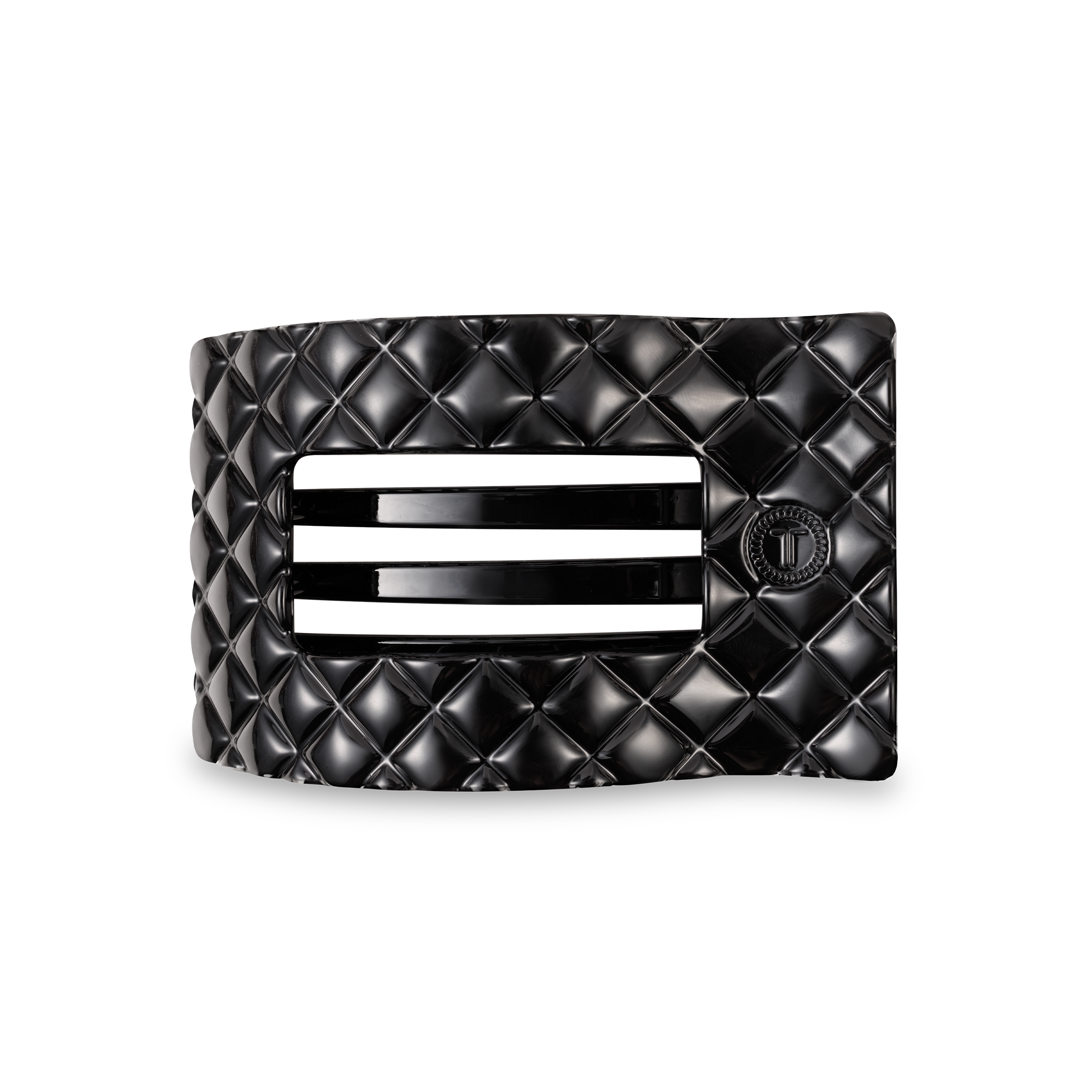 TELETIES medium flat rectangle hair clip in jet black quilted design.