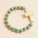 Cross Charm Glass Beaded Stretch Bracelet in Teal
