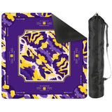 Purple and gold LSU-inspired abstract brushstroke Mahjong mat with a structured playing layout and directional markers.