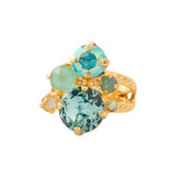 Gold-tone adjustable stacked ring with clustered multicolor round crystals