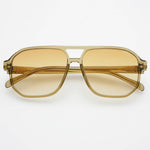 Unisex aviator sunglasses with an olive tint and lightweight modern frame design.