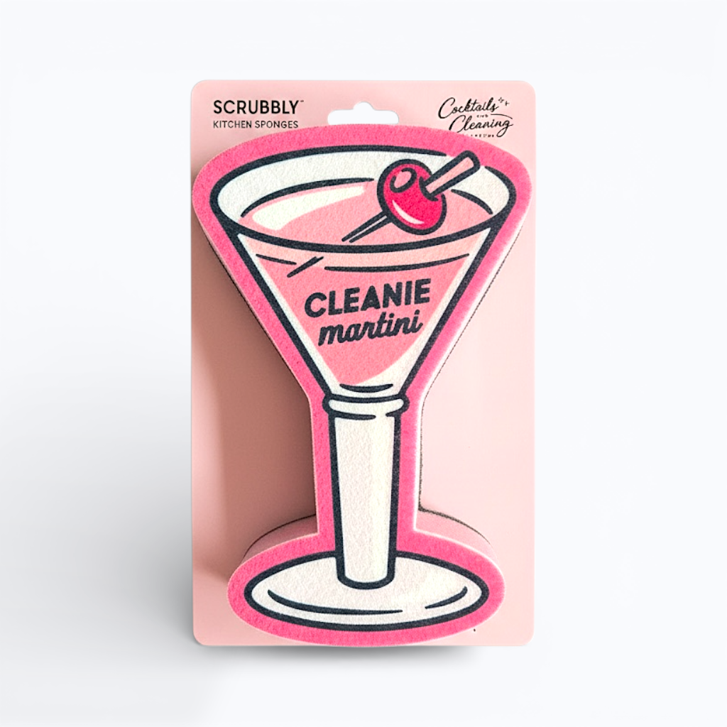 Pink martini-shaped kitchen sponge with scour pad bottom