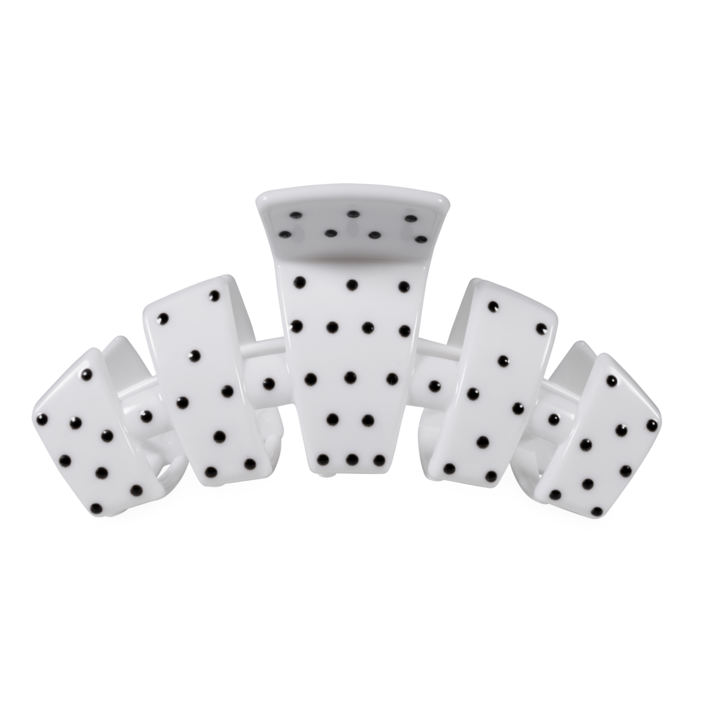 White large claw clip with a black polka dot pattern.