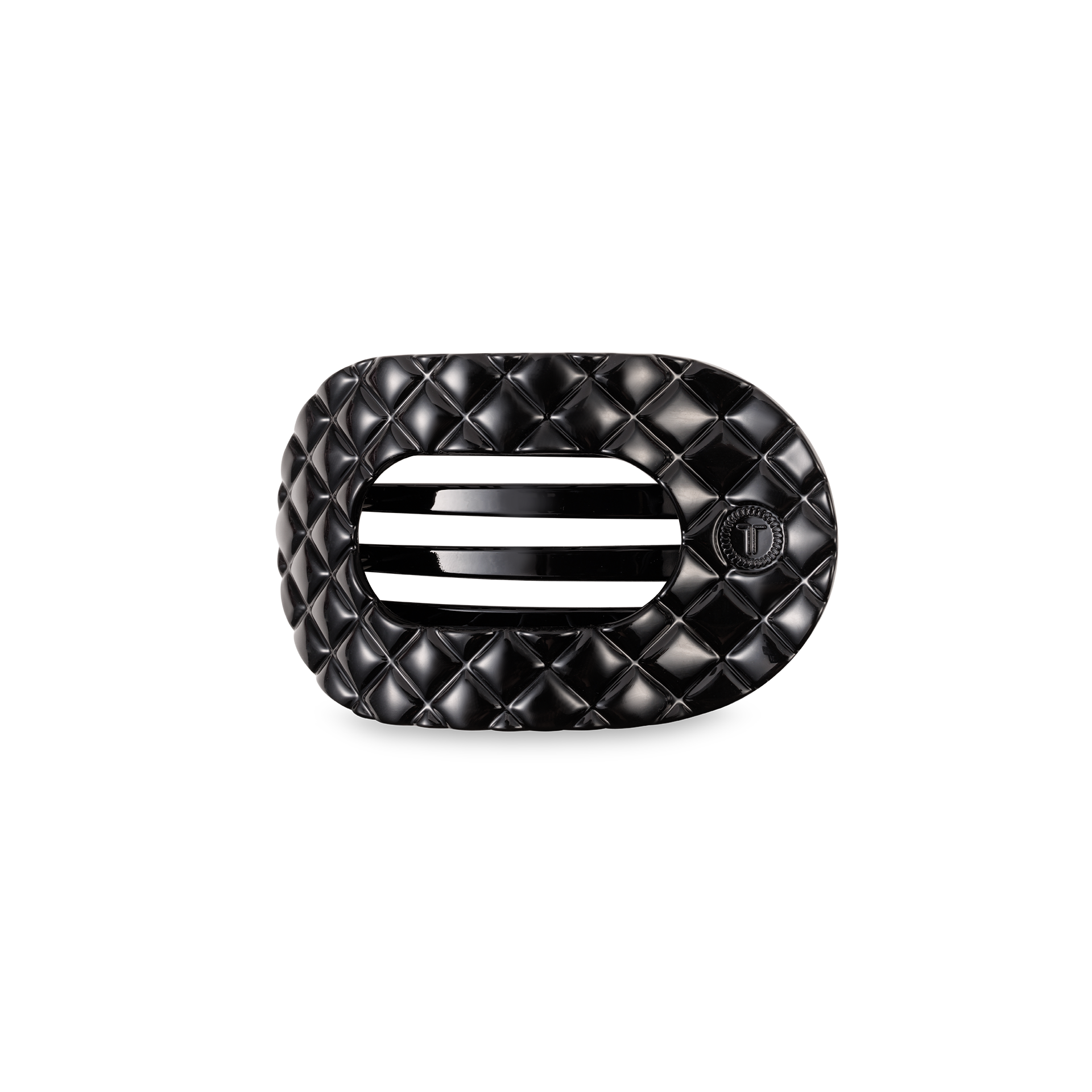 TELETIES small flat round hair clip in jet black quilted design.