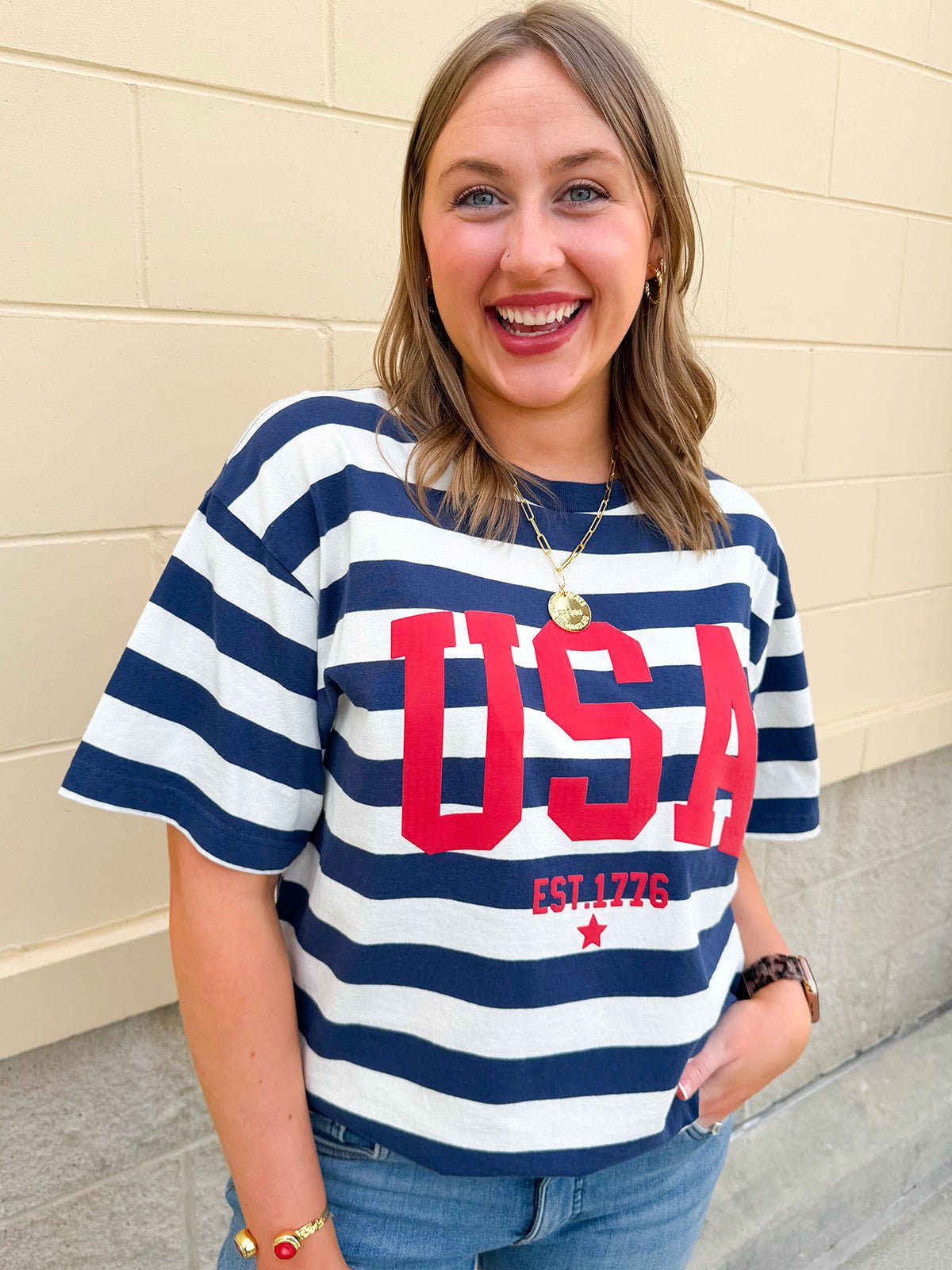 All - American Coastal Stripe Statement Tee - The Pink Pineapple 850