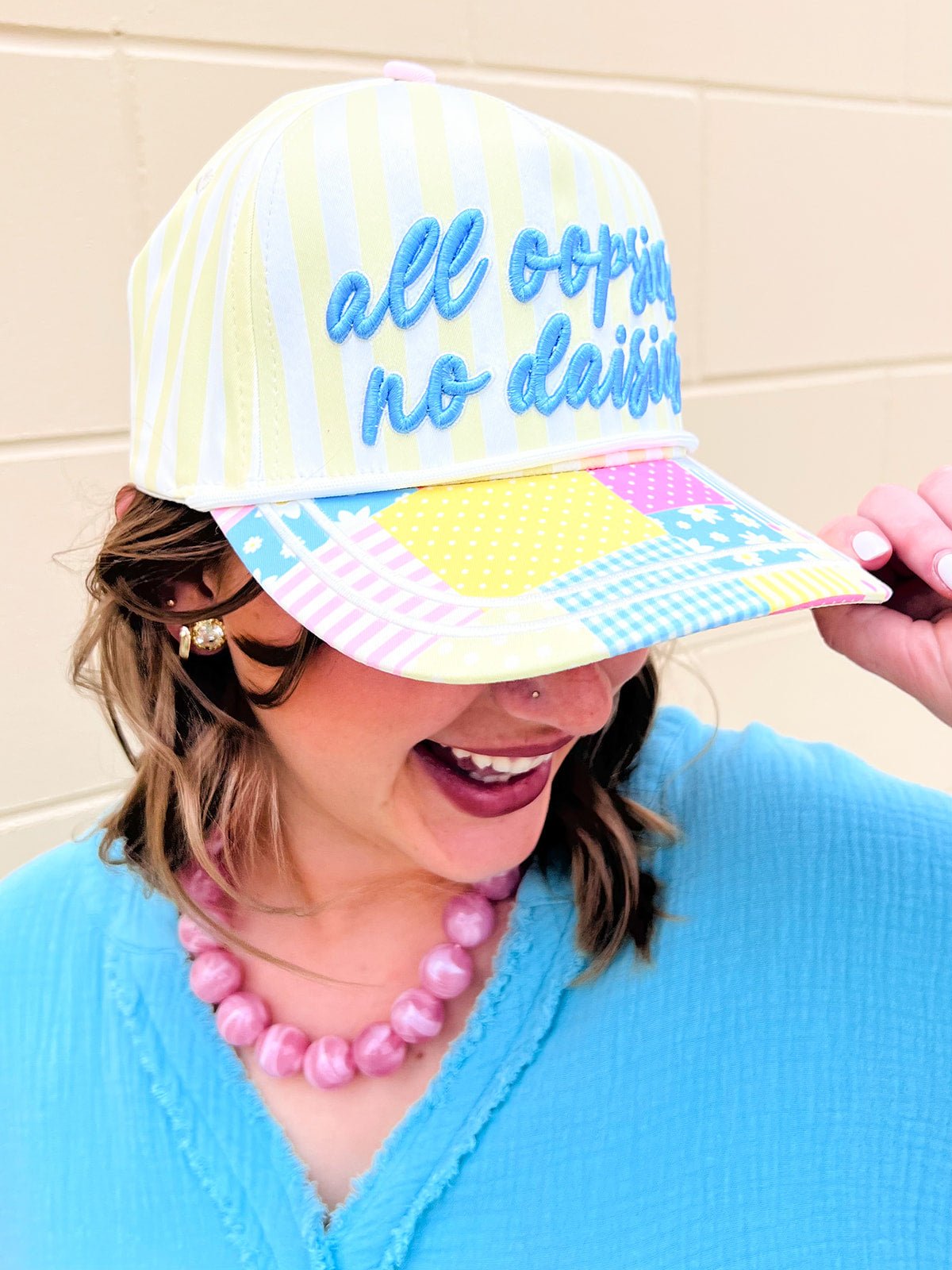 “All Oopsies No Daisies” Yellow Striped Trucker Hat - The Pink Pineapple 850