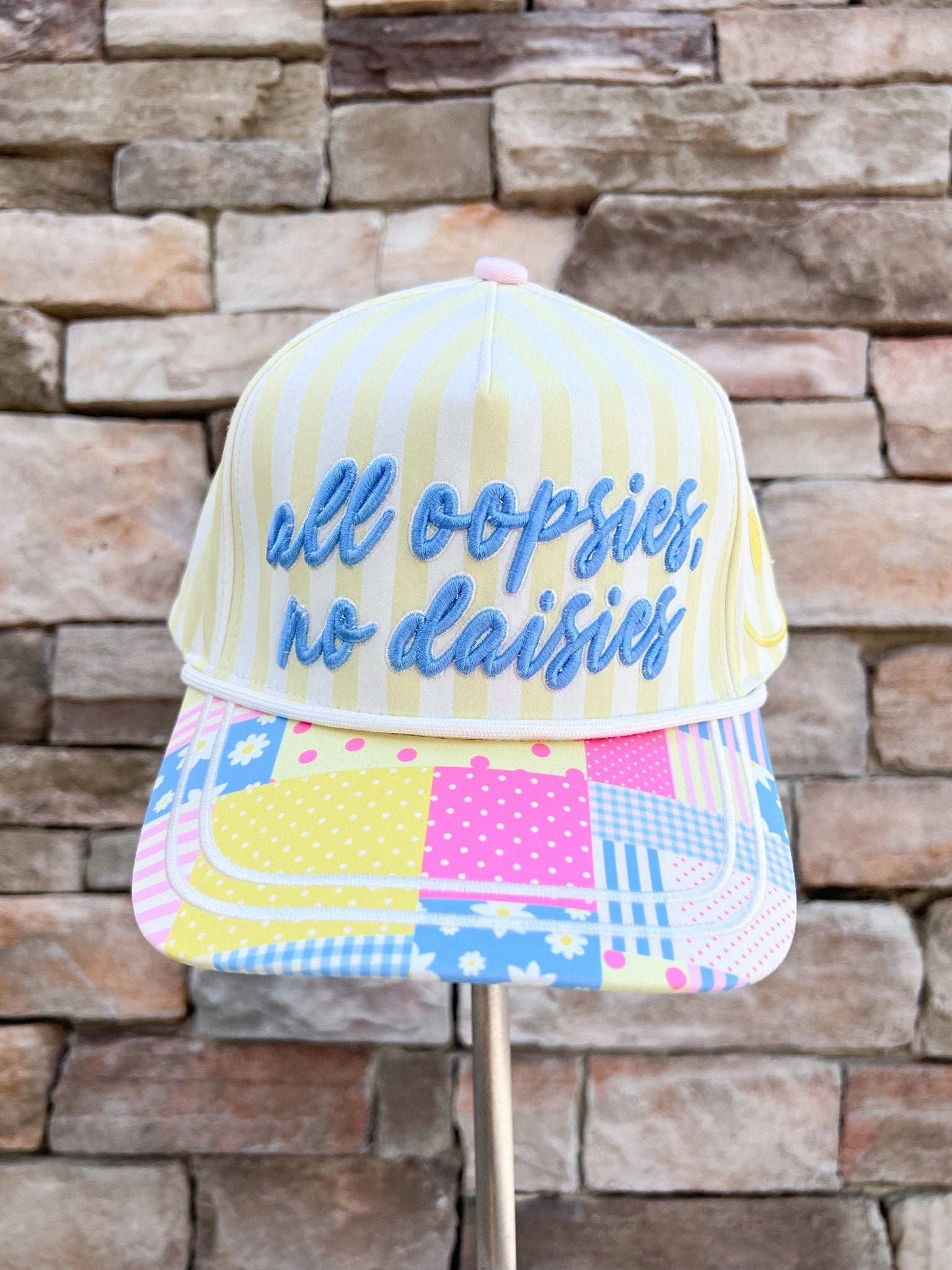 “All Oopsies No Daisies” Yellow Striped Trucker Hat - The Pink Pineapple 850