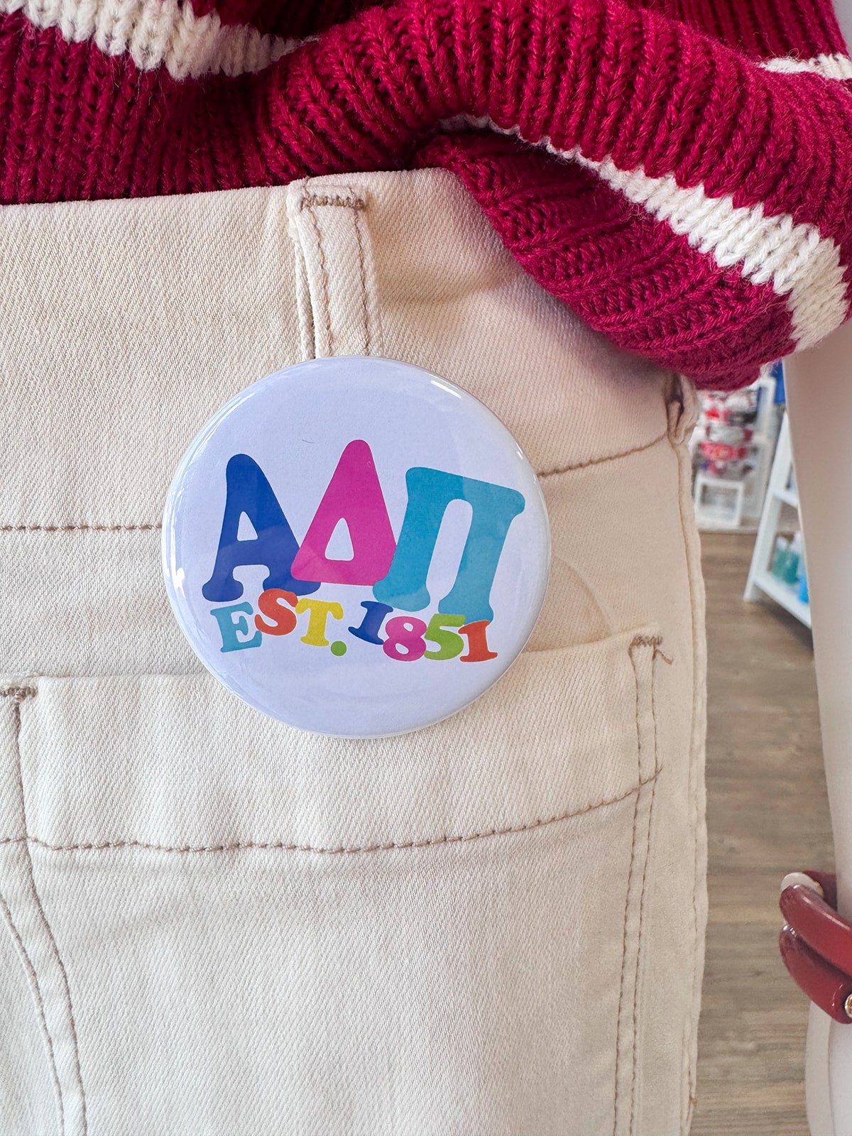Alpha Delta Pi Rainbow Bubble Letters Button Pin - The Pink Pineapple 850