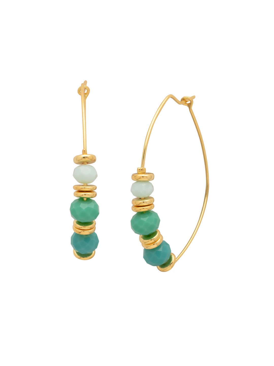 Oblong hoop earrings with a colorful mix of round beads.