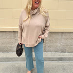 Taupe mock turtleneck long-sleeve top with high-low hem