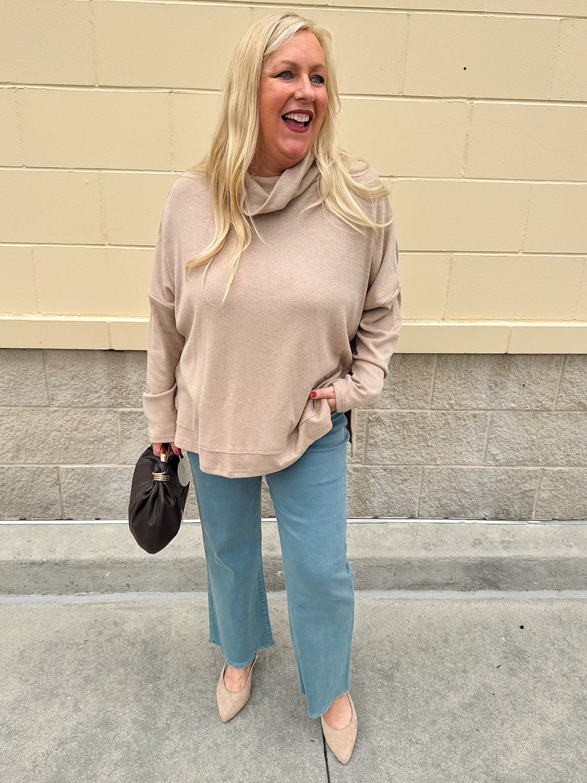 Taupe mock turtleneck long-sleeve top with high-low hem