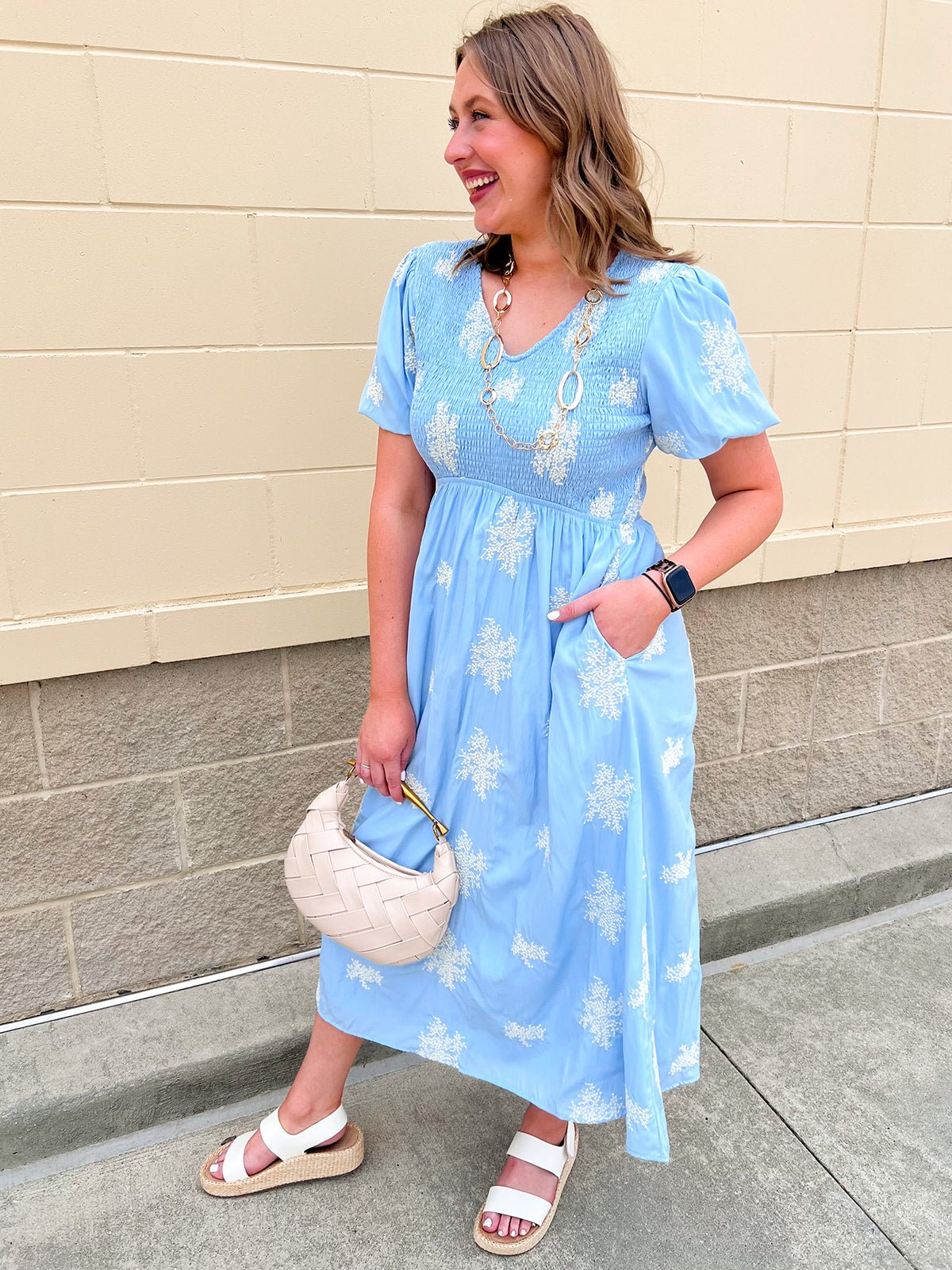 Azure Bloom Smocked Midi Dress - The Pink Pineapple 850