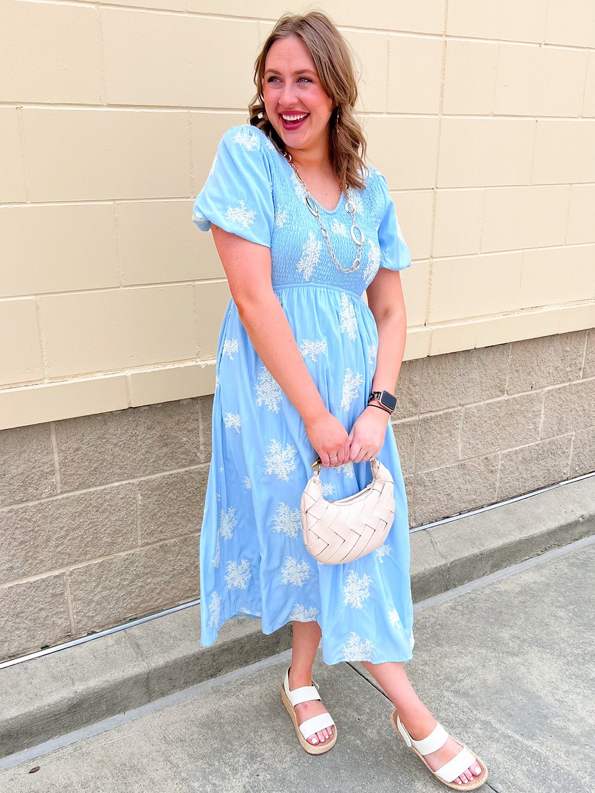 Azure Bloom Smocked Midi Dress - The Pink Pineapple 850