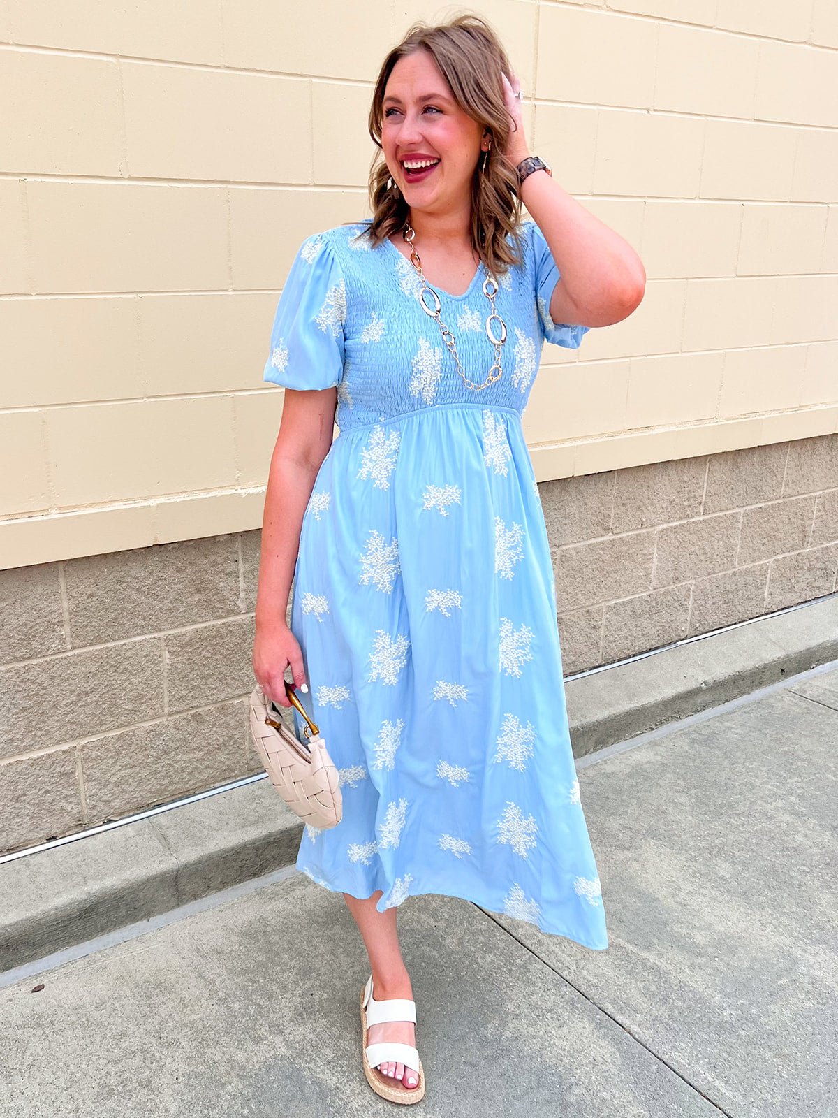 Azure Bloom Smocked Midi Dress - The Pink Pineapple 850
