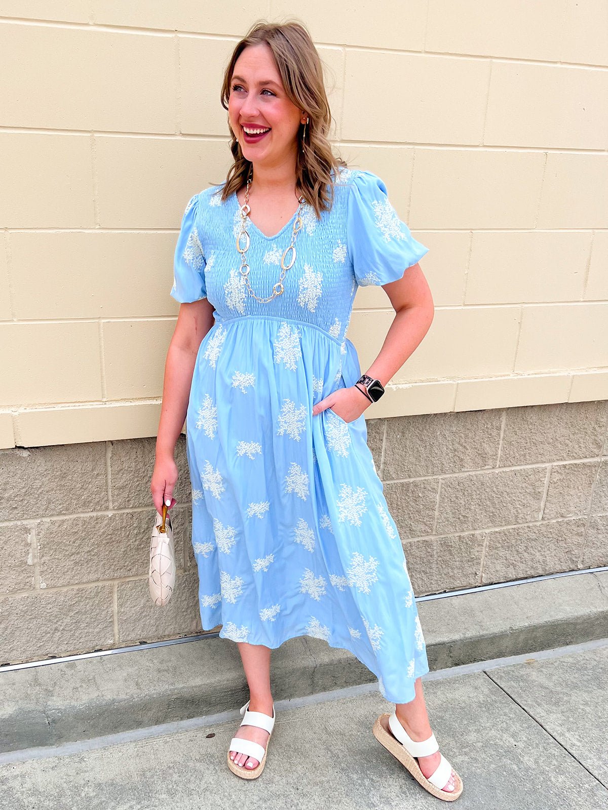 Azure Bloom Smocked Midi Dress - The Pink Pineapple 850