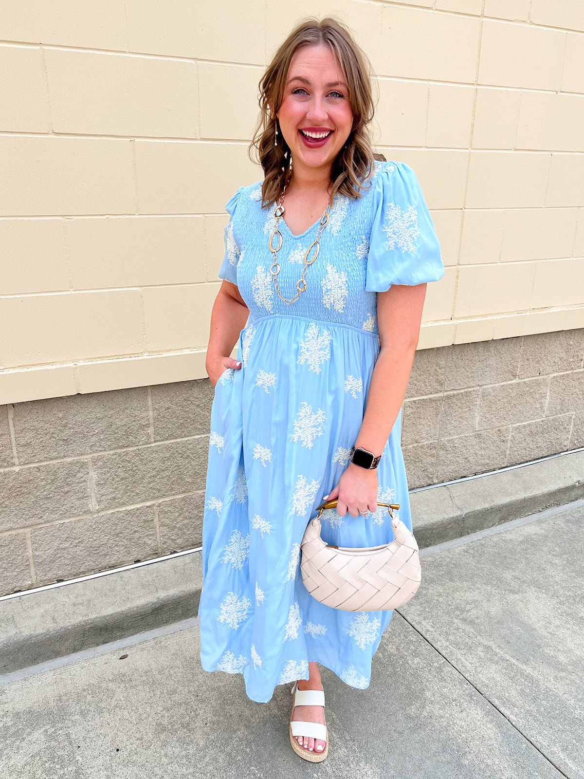 Azure Bloom Smocked Midi Dress - The Pink Pineapple 850
