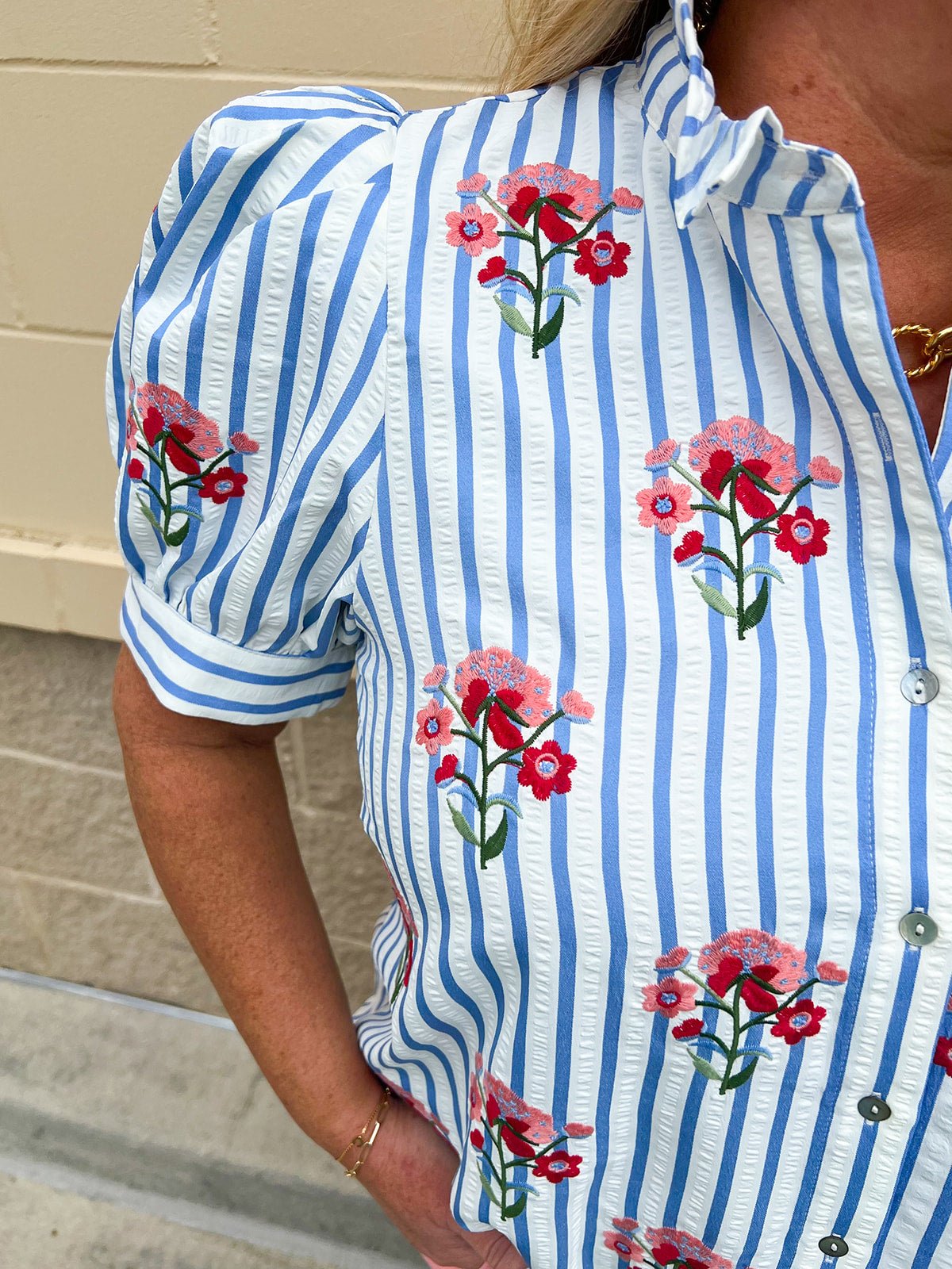 Azure Striped Bloom Puff Sleeve Top - The Pink Pineapple 850