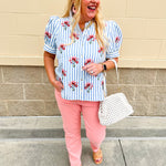 Azure Striped Bloom Puff Sleeve Top - The Pink Pineapple 850
