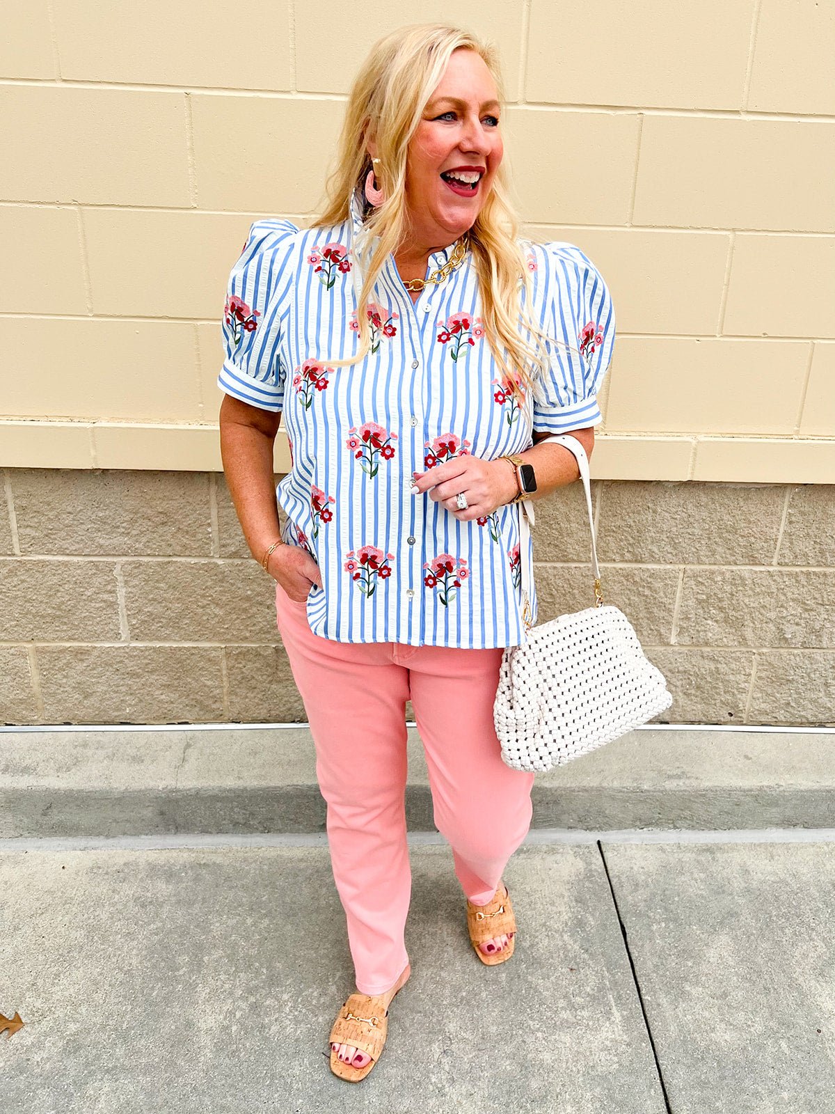 Azure Striped Bloom Puff Sleeve Top - The Pink Pineapple 850