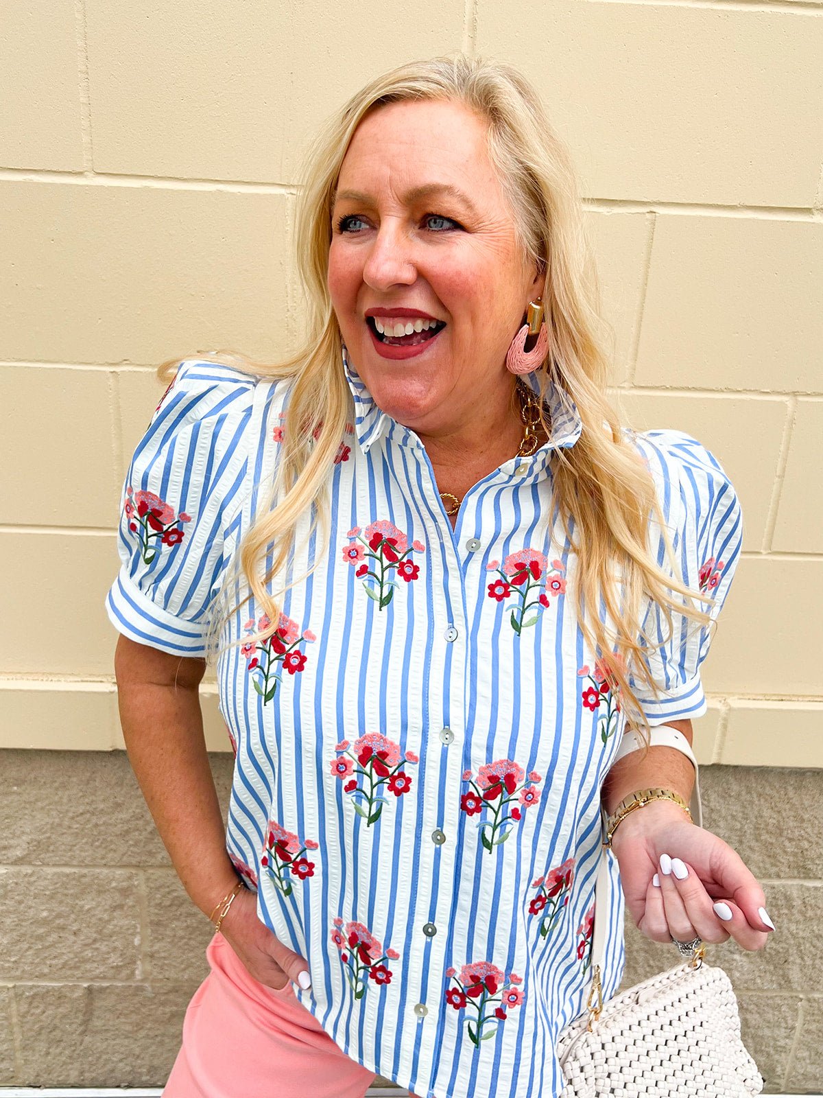 Azure Striped Bloom Puff Sleeve Top - The Pink Pineapple 850