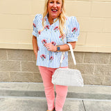Azure Striped Bloom Puff Sleeve Top - The Pink Pineapple 850