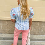 Azure Striped Bloom Puff Sleeve Top - The Pink Pineapple 850