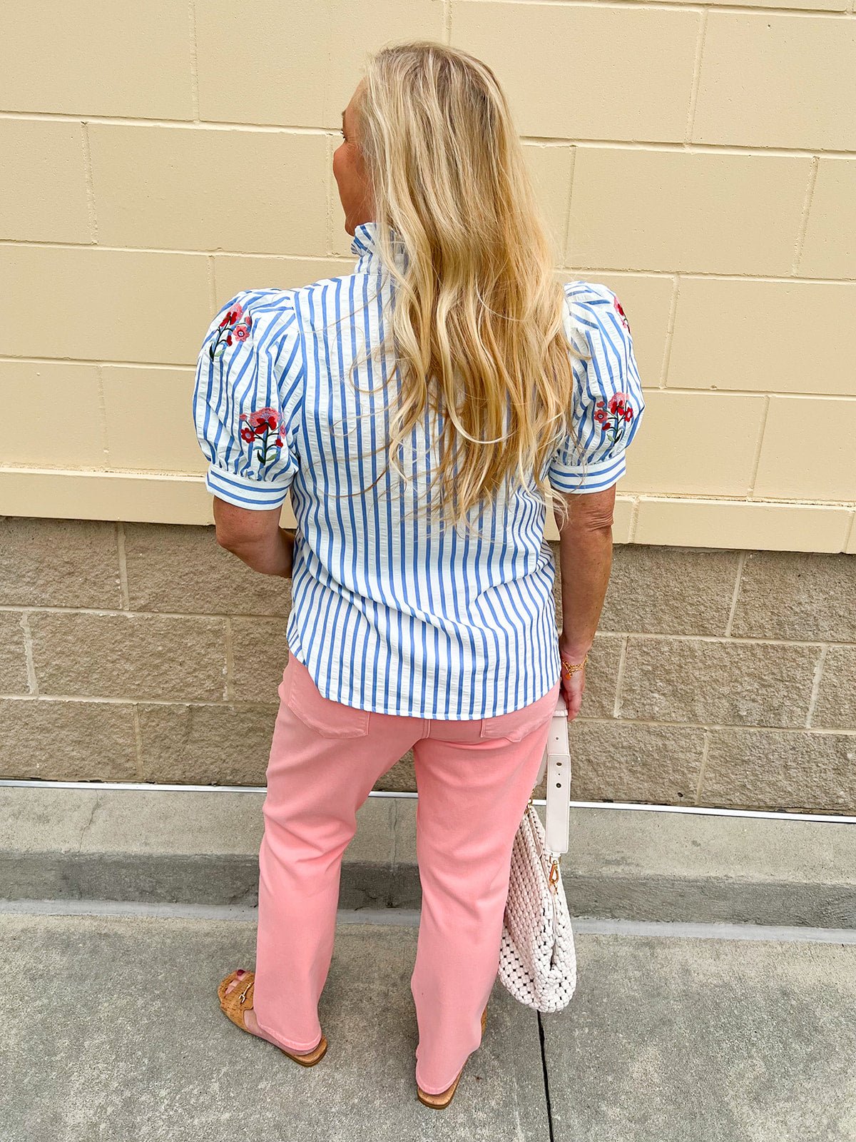 Azure Striped Bloom Puff Sleeve Top - The Pink Pineapple 850