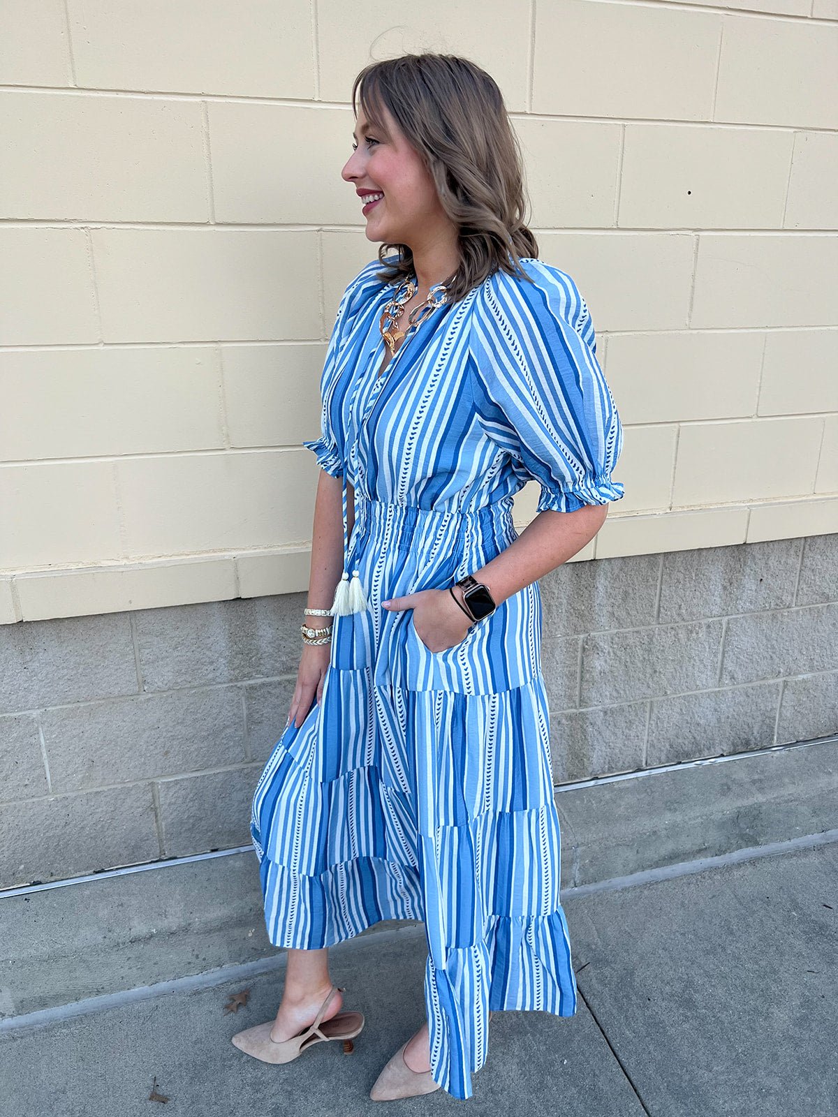 Azure Whimsy Puff Sleeve Midi Dress - The Pink Pineapple 850