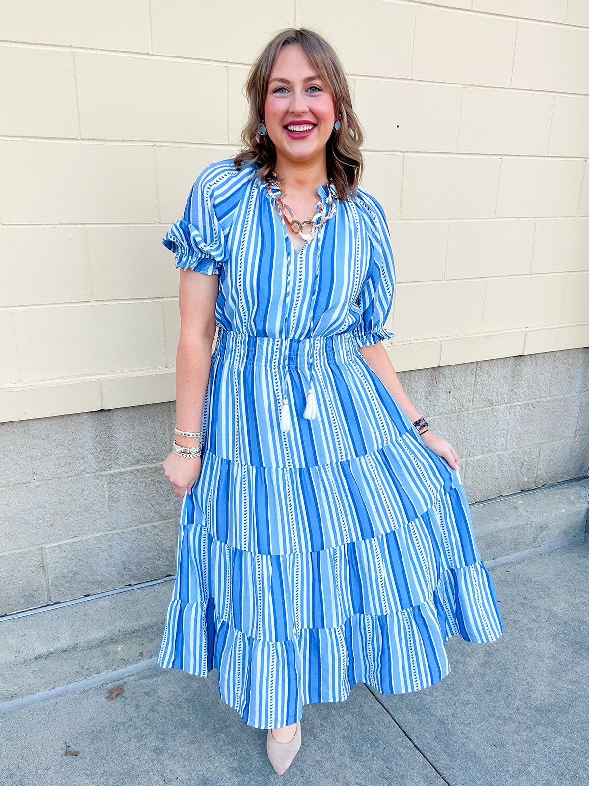 Azure Whimsy Puff Sleeve Midi Dress - The Pink Pineapple 850