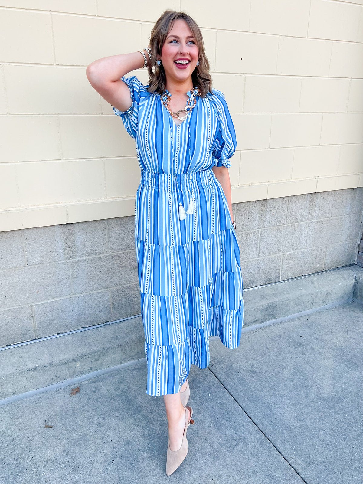 Azure Whimsy Puff Sleeve Midi Dress - The Pink Pineapple 850