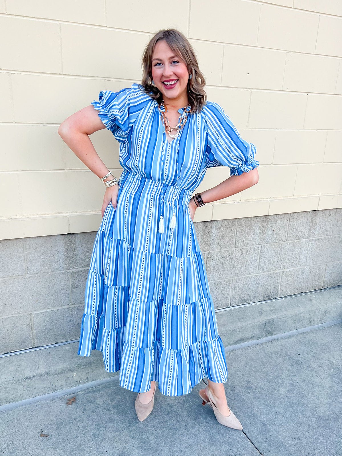 Azure Whimsy Puff Sleeve Midi Dress - The Pink Pineapple 850