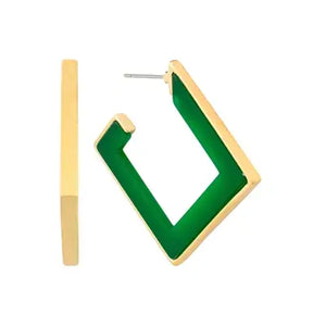 Green Wood and Gold Squared Hoop Earring