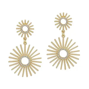Matte Gold Sunburst with Rhinestone Center 2" Drop Earrings