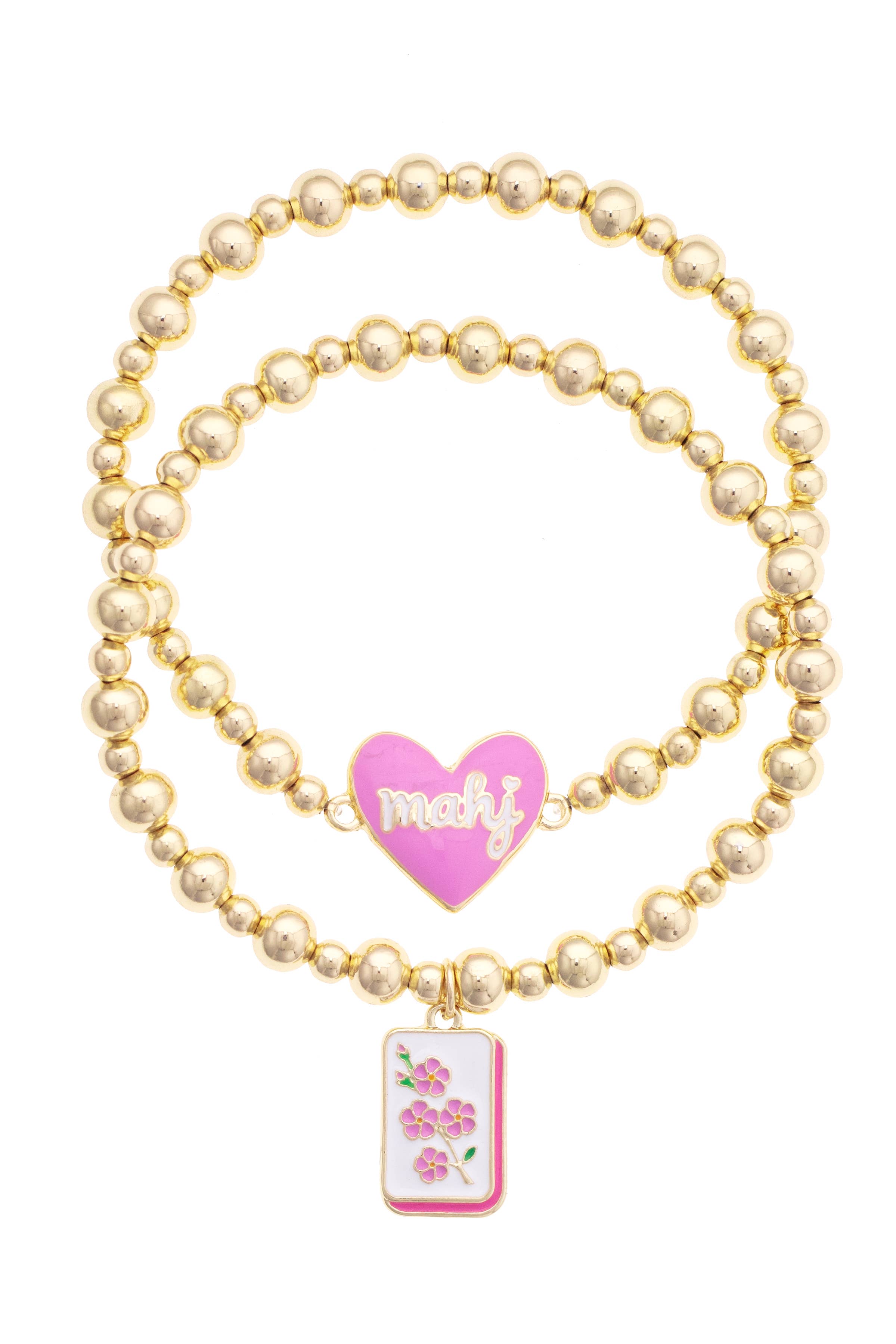Mahj cherry blossom tile ball bead stretch bracelet set featuring delicate floral details and classic bead designs.