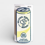 Yellow seltzer can-shaped kitchen sponge with scour pad bottom
