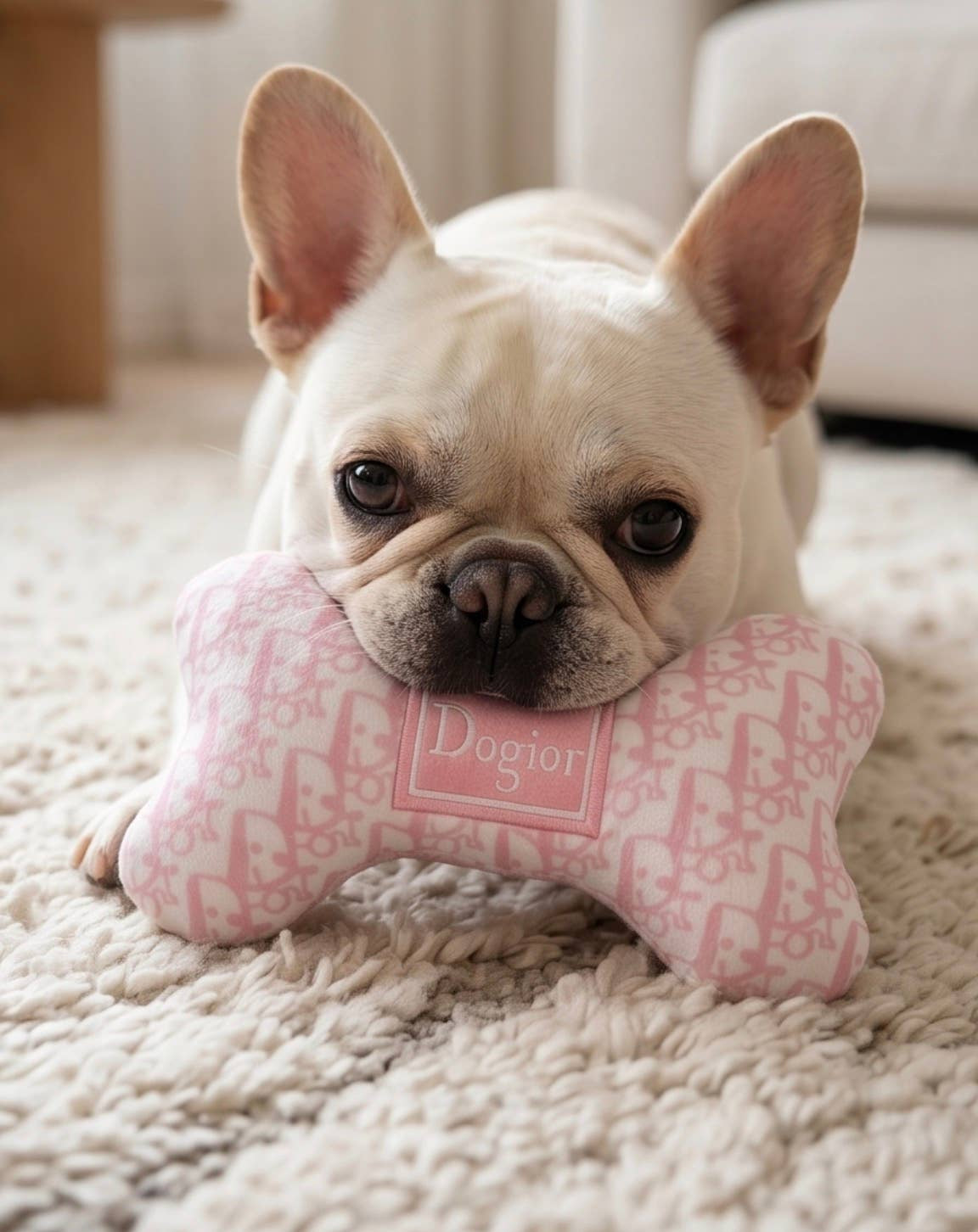 Pink plush designer-inspired bone dog toy with a squeaker and crackle sound.