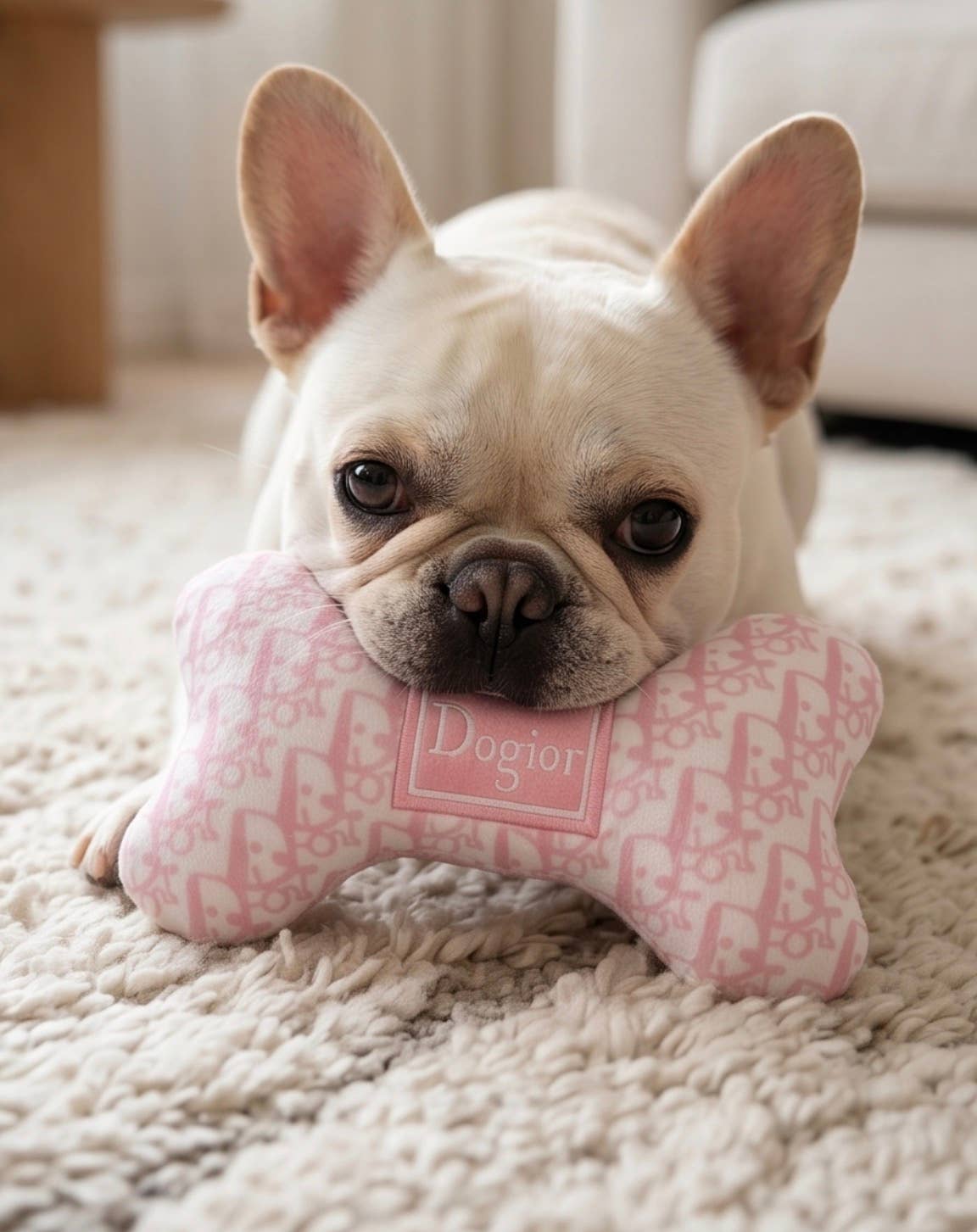 Pink plush designer-inspired bone dog toy with a squeaker and crackle sound.
