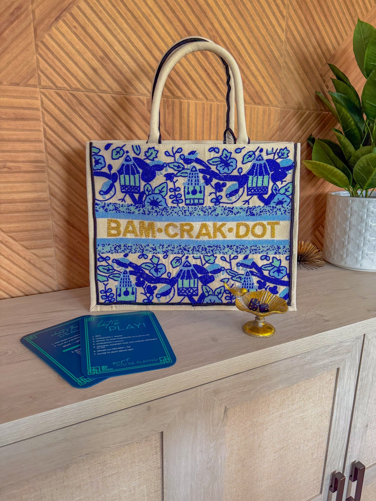 Bam Crak Dot Hand Beaded Mahjong Tote Bag in Blue - The Pink Pineapple 850