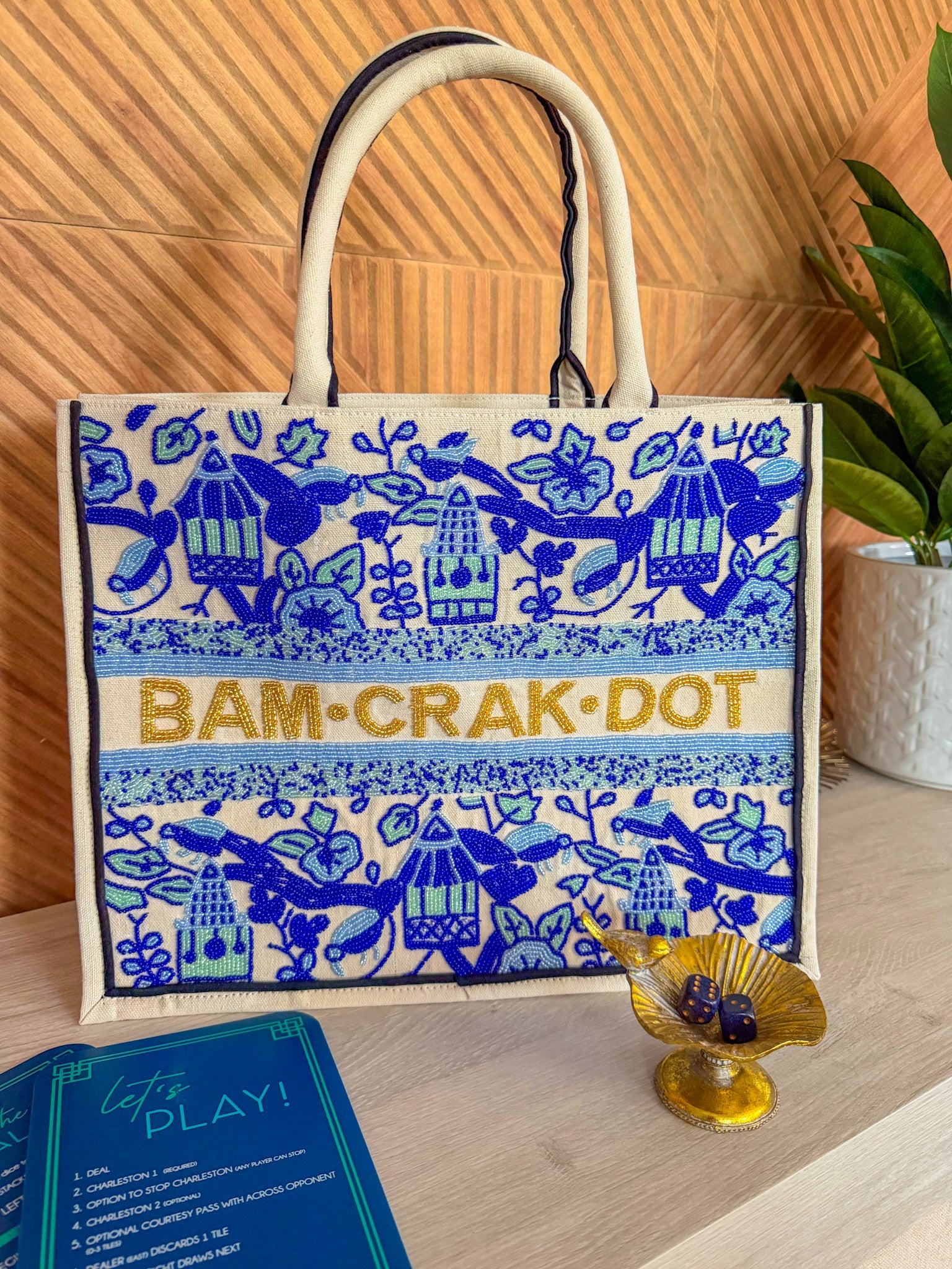 Bam Crak Dot Hand Beaded Mahjong Tote Bag in Blue - The Pink Pineapple 850