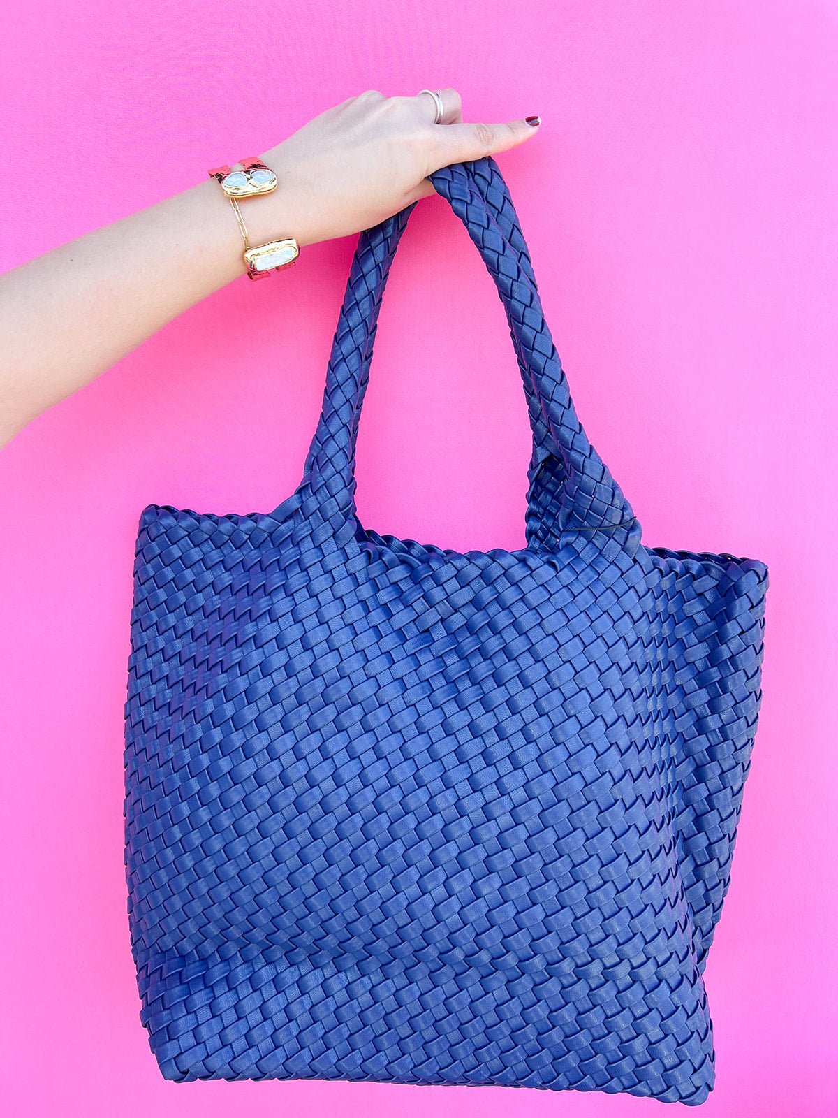 [BC Bags] Navy Woven Vegan Leather Tote - The Pink Pineapple 850