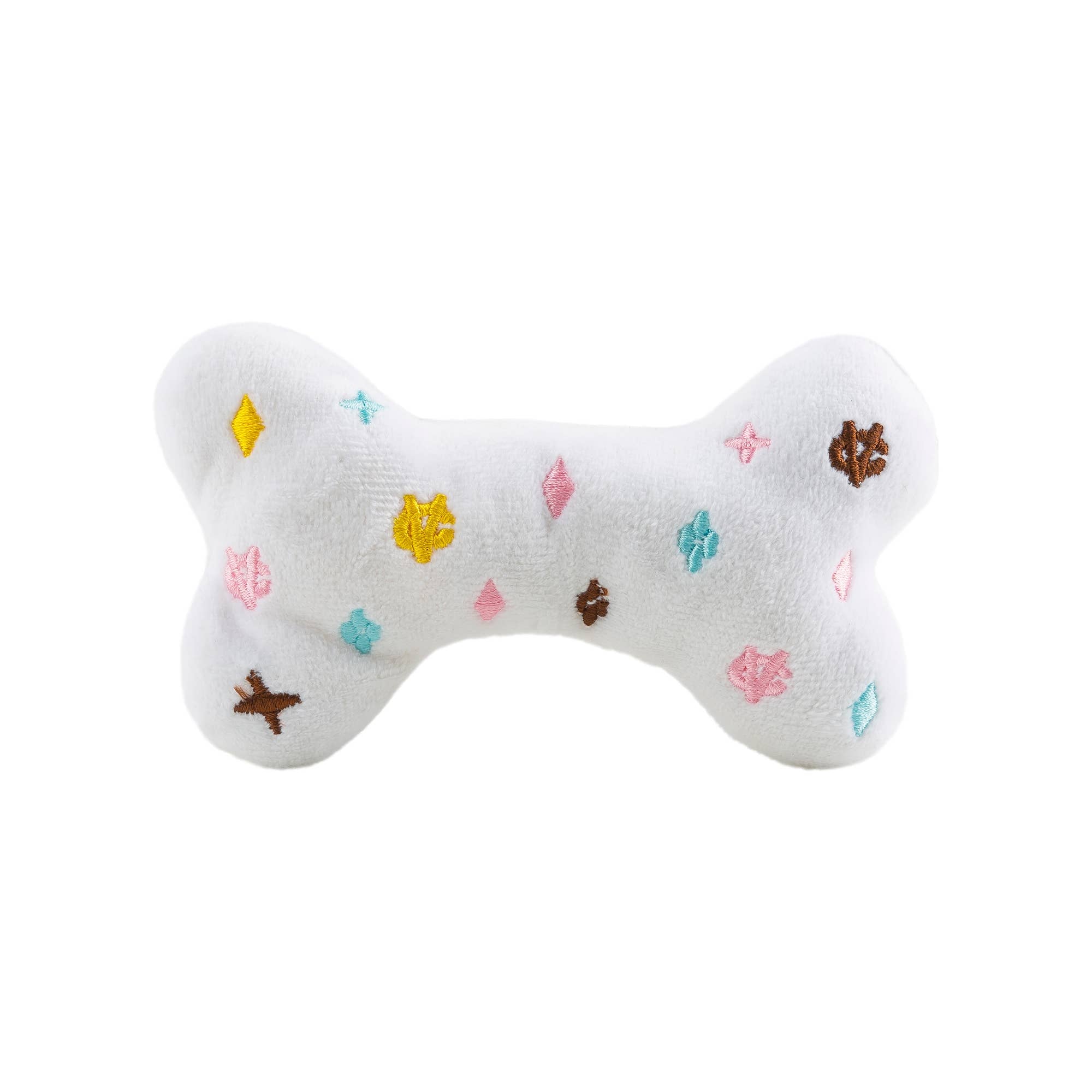 White plush bone-shaped dog toy with a designer-inspired print and squeaker.