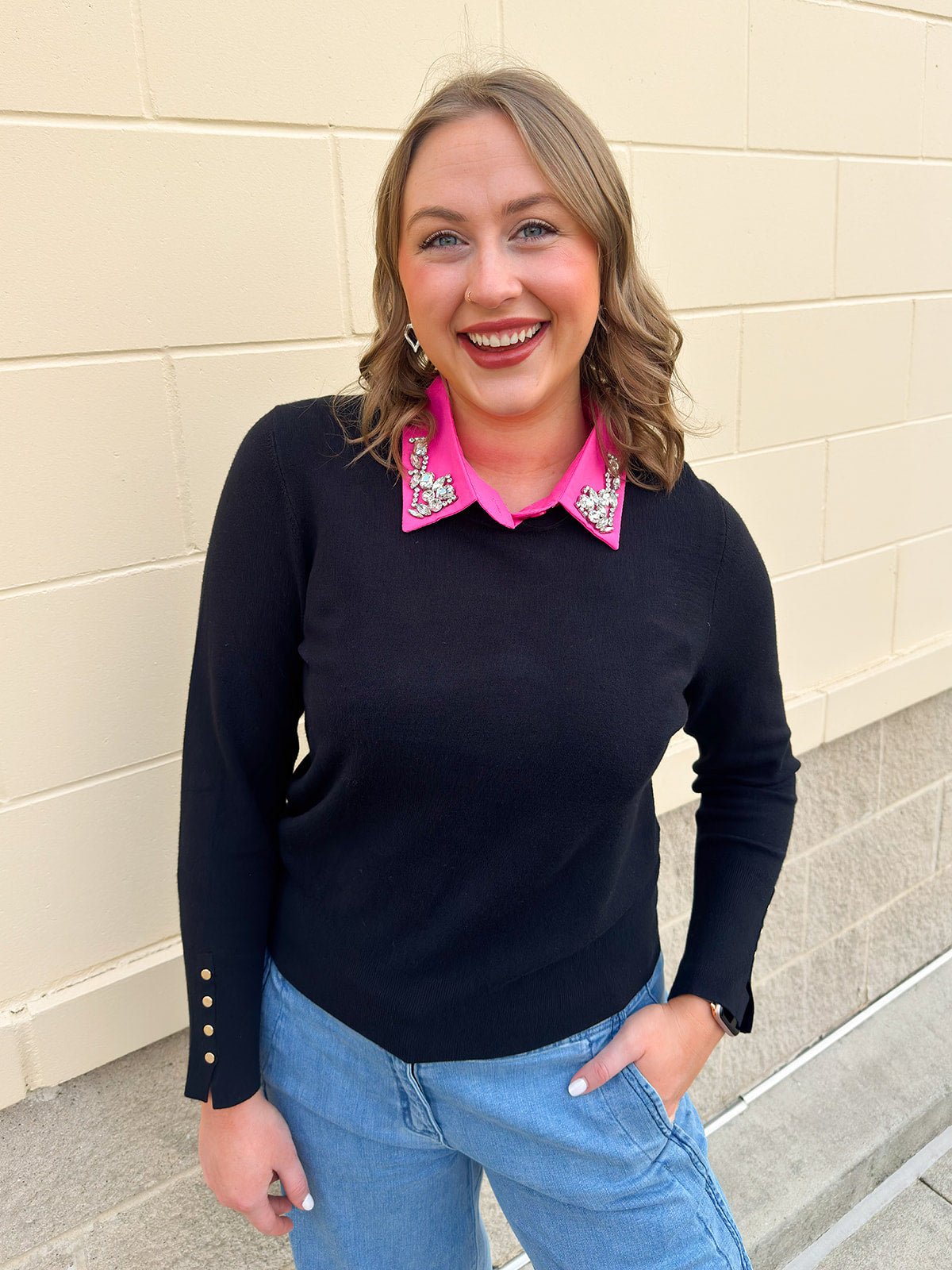 Black Poise Button - Cuff Knit Top - The Pink Pineapple 850