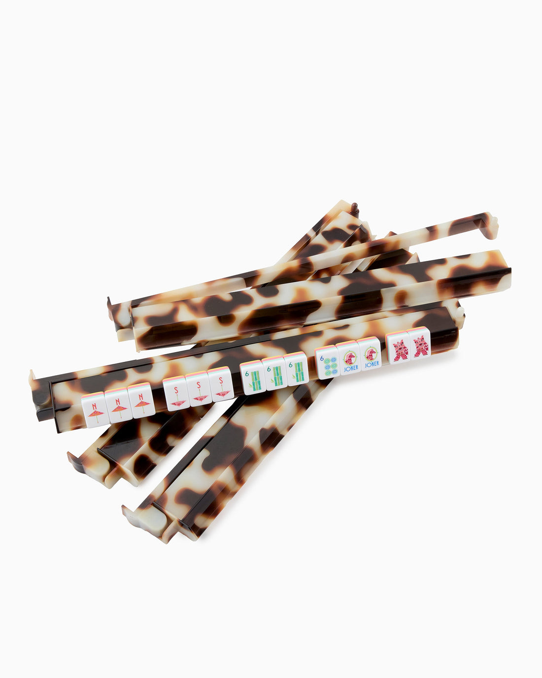 Oh My Mahjong Blonde Tortoise acrylic Mahjong racks and pushers in warm ivory and brown tones