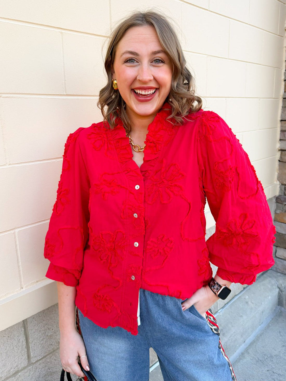 Bloom Haven 3D Floral Top in Holiday Red - The Pink Pineapple 850