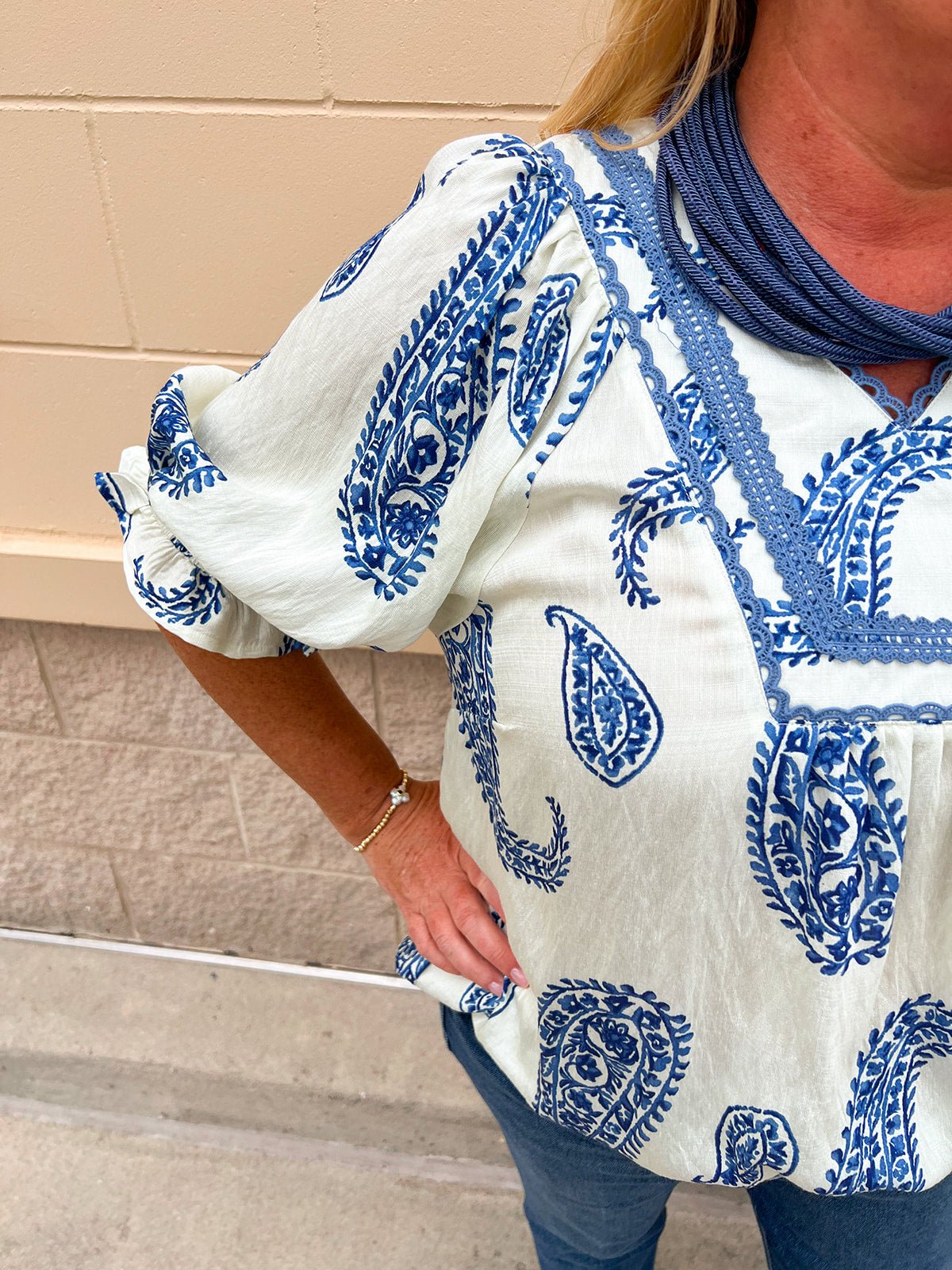 Blue Haven Paisley Peasant Top - The Pink Pineapple 850
